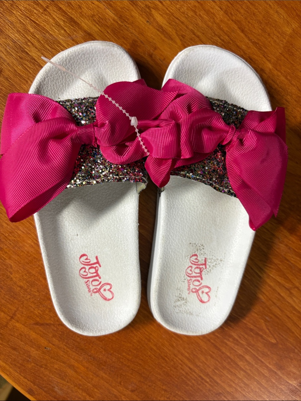 JoJo Siwa White Slide Sandals with Hot Pink Bow and Multicolor Glitter Strap M